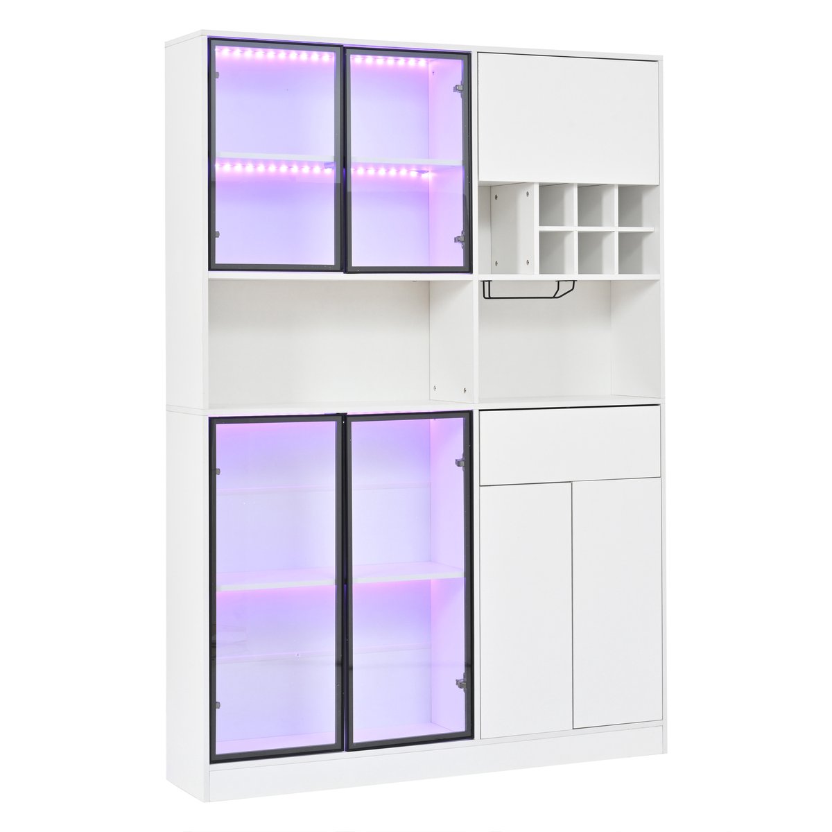 LONG DRAGON Moderne Landelijke - Vitrinekast - 140x30x200 cm - Wit met LED verlichting - 7 deuren, 1 lade, wijnrek en glazenhouder