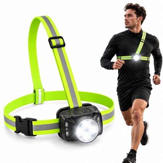 Oplaadbaar hardloopvest met fel verlichtend voorlicht, verstelbare schouderbanden en reflecterende strepen.