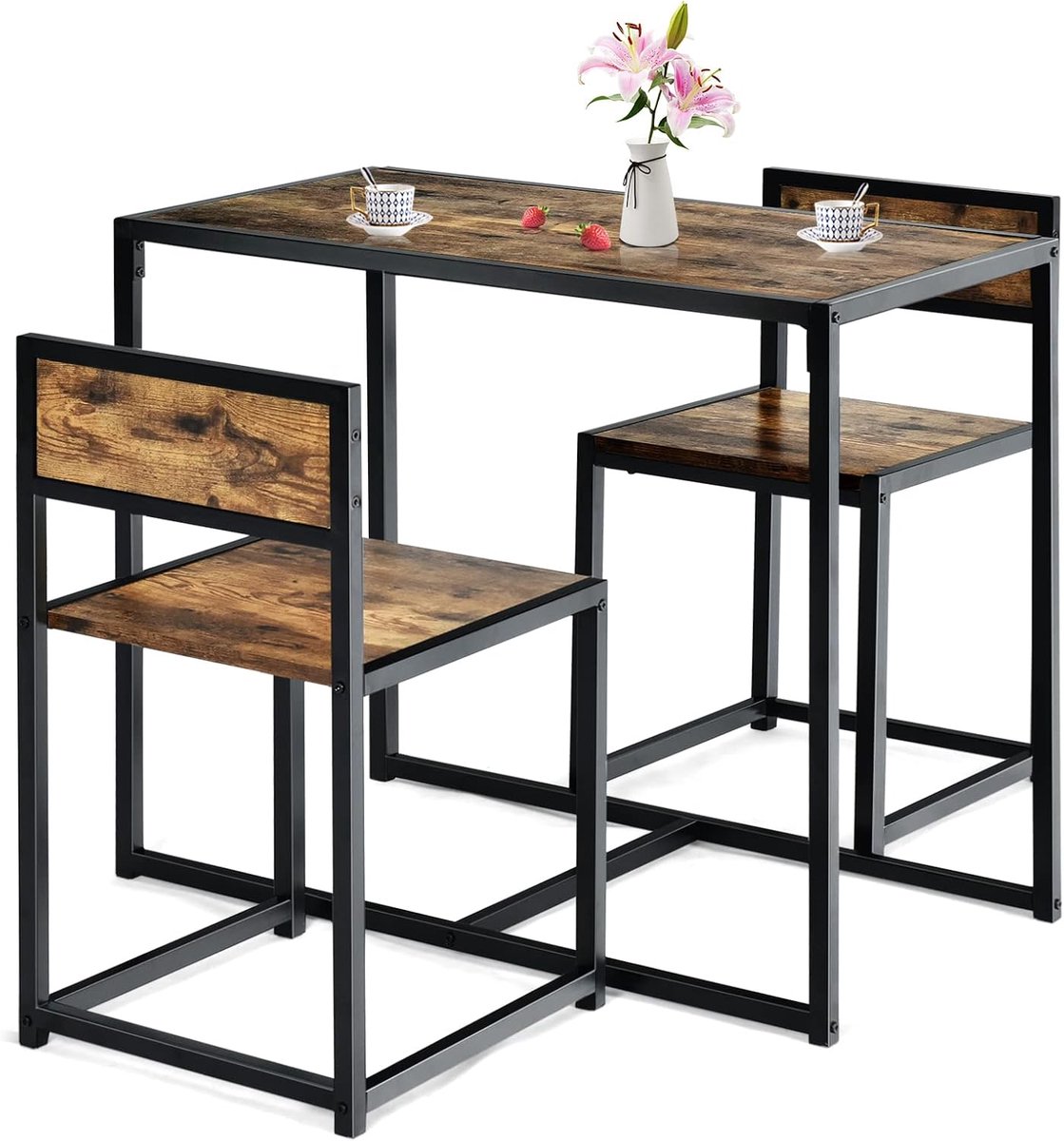 KOMFOTTEU 3-delige zitgroep - bistrotafel met 2 stoelen - statafel met 2 barkrukken - smalle bartafel - stoelen met rugleuning - in industrieel design - voor keuken & eetkamer