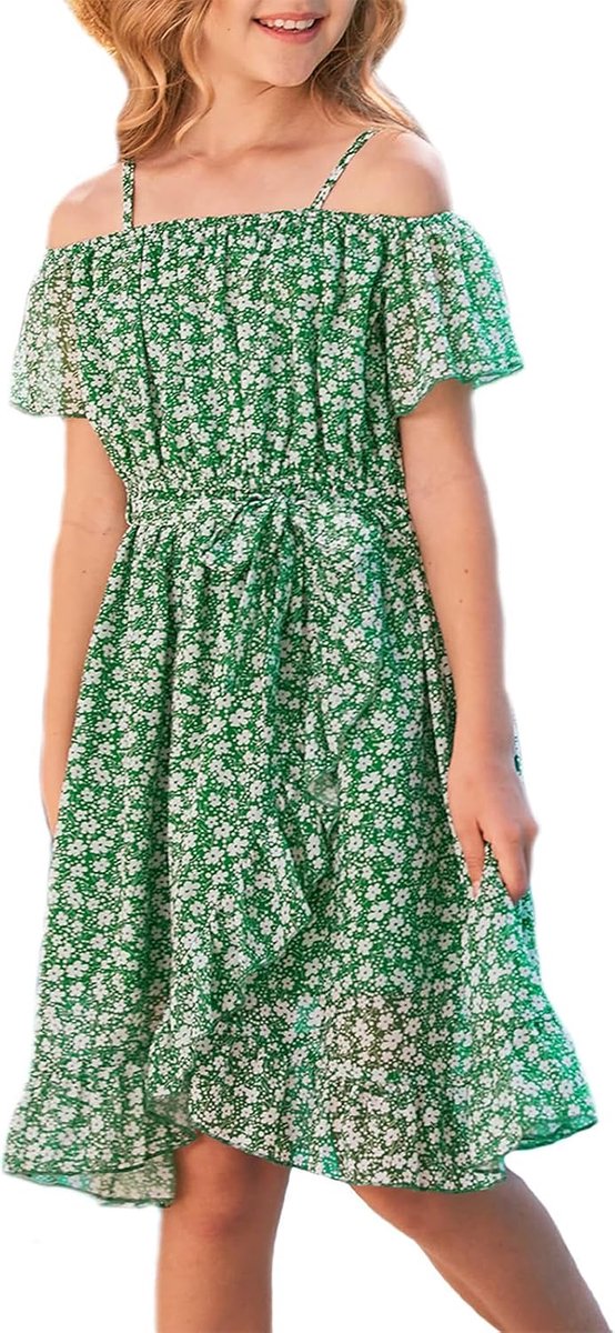 Vestidos voor meisjes, chiffonjurk met bloemen zonder mouwen, zomerjurk met verstelbare band, casual met korte ruchesmouwen voor meisjes van 6 tot 14 jaar