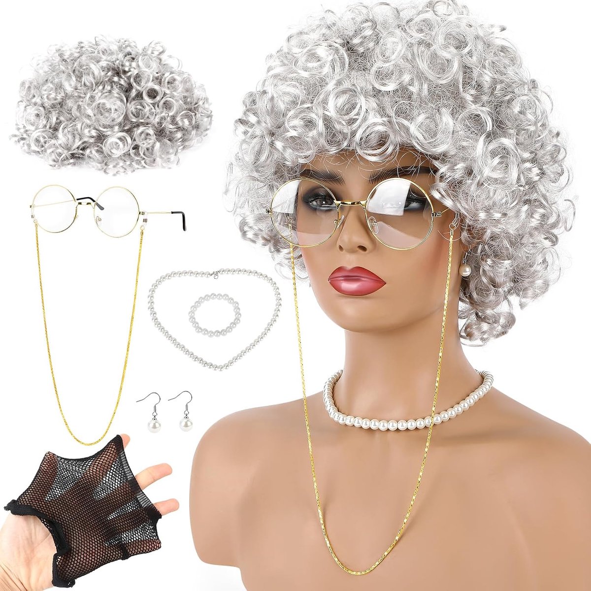 Kostuum Oude Vrouw Cosplay Set, 7 Stuks Oma Pruik Oude Dame Kostuum Oma Retro Leesbril Bril Kettingen Armband Parel Ketting Oorbellen Geschikt voor Carnaval Maskerade