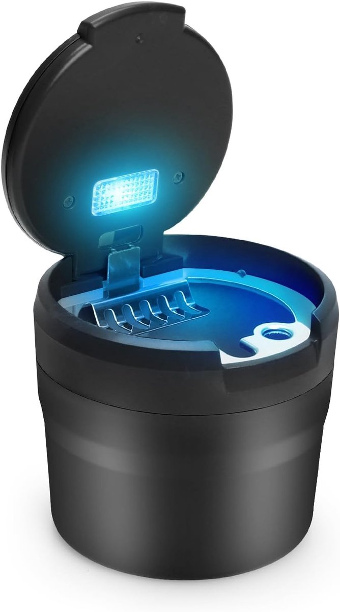 Autoasbak met deksel en blauw ledlicht, draagbaar, voor buiten, thuis, kantoor, reizen, auto, zwart