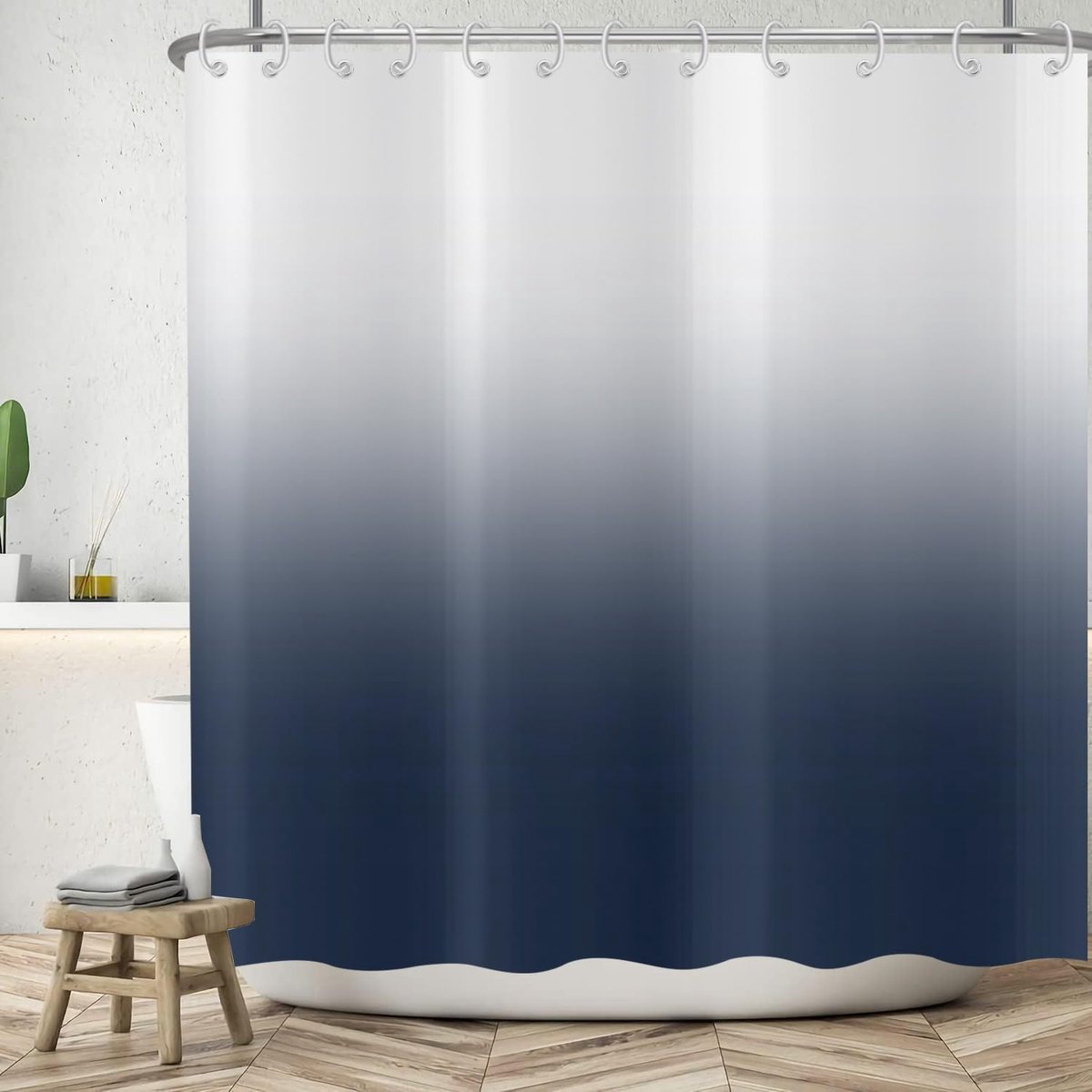 Douchegordijn, 180 x 200 cm, moderne eenvoud, marineblauw, wit, kleurverloop, wasbaar, polyester, textiel, waterdicht, badgordijn voor bad, met 12 haken