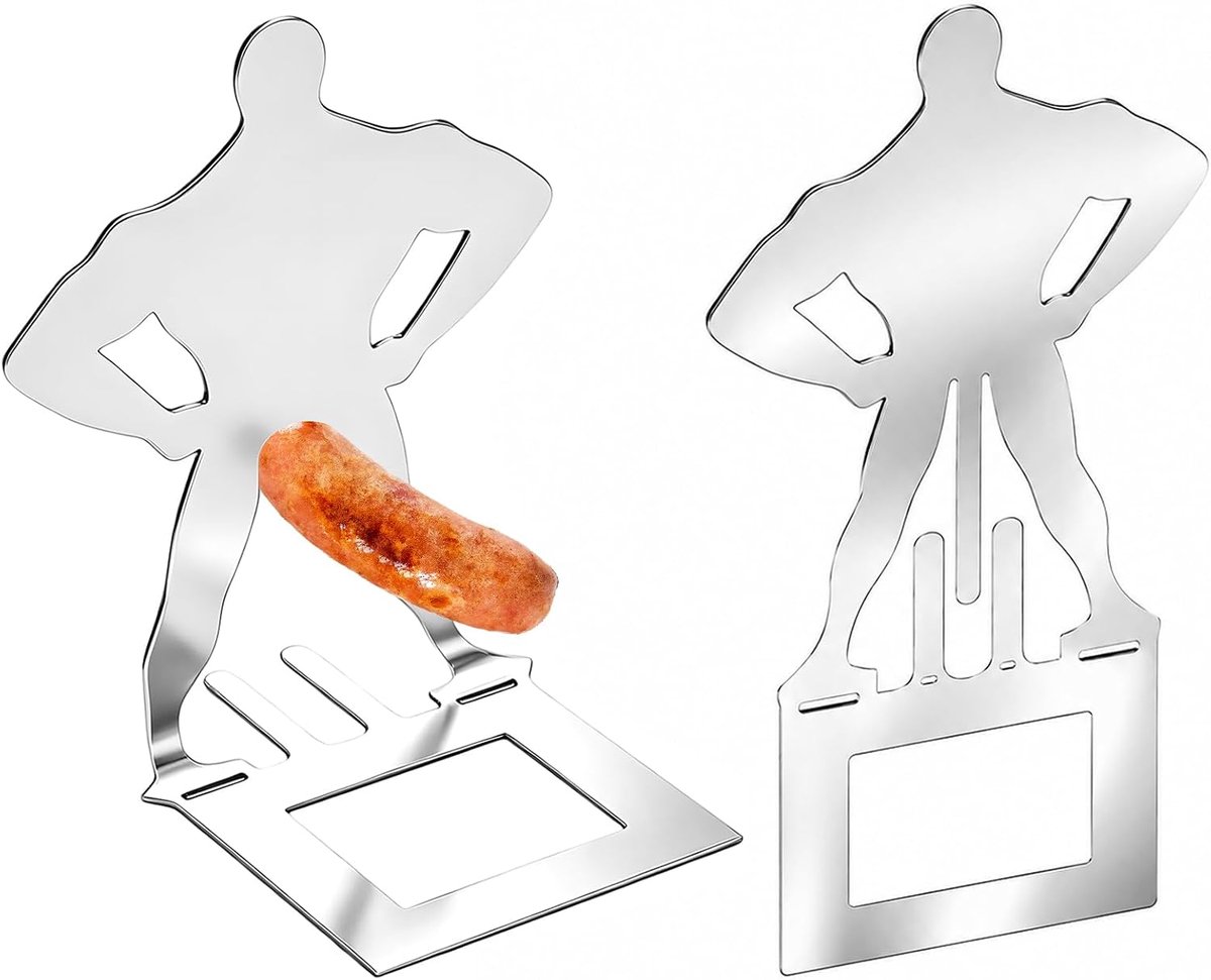 2 worsthouders, grappig, van roestvrij staal 304, worsthouder in de vorm van een gespierde man, grappig barbecue-gadget voor hot dog en marshmallow, origineel cadeau voor heren voor feestjes en