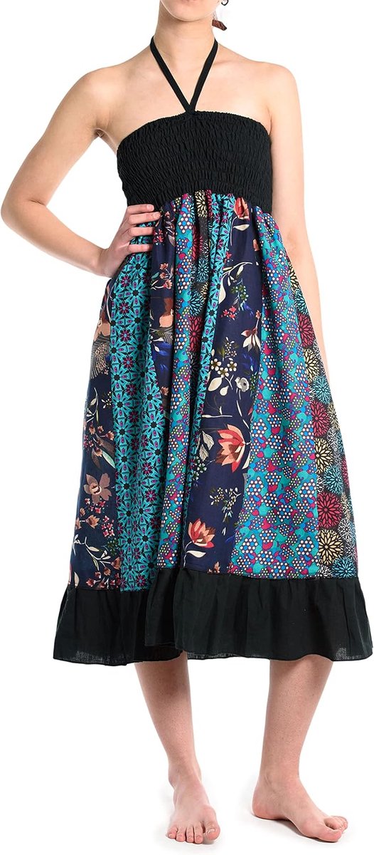 Zomerjurk of zomerrok patchwork voor dames, met elastische band - Goa Gipsy hippiejurk - diverse designs, blauw, Eén Maat