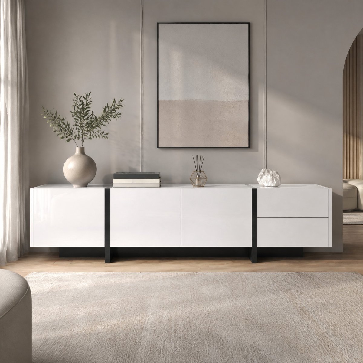 WUVRIE TV-meubel 190 x 35 x 45 cm - 3 deuren en 2 lades - Hoogglans wit/zwart
