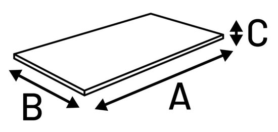 Maatschets van een rechthoekig product met pijlen die de afmetingen A, B en C aangeven.