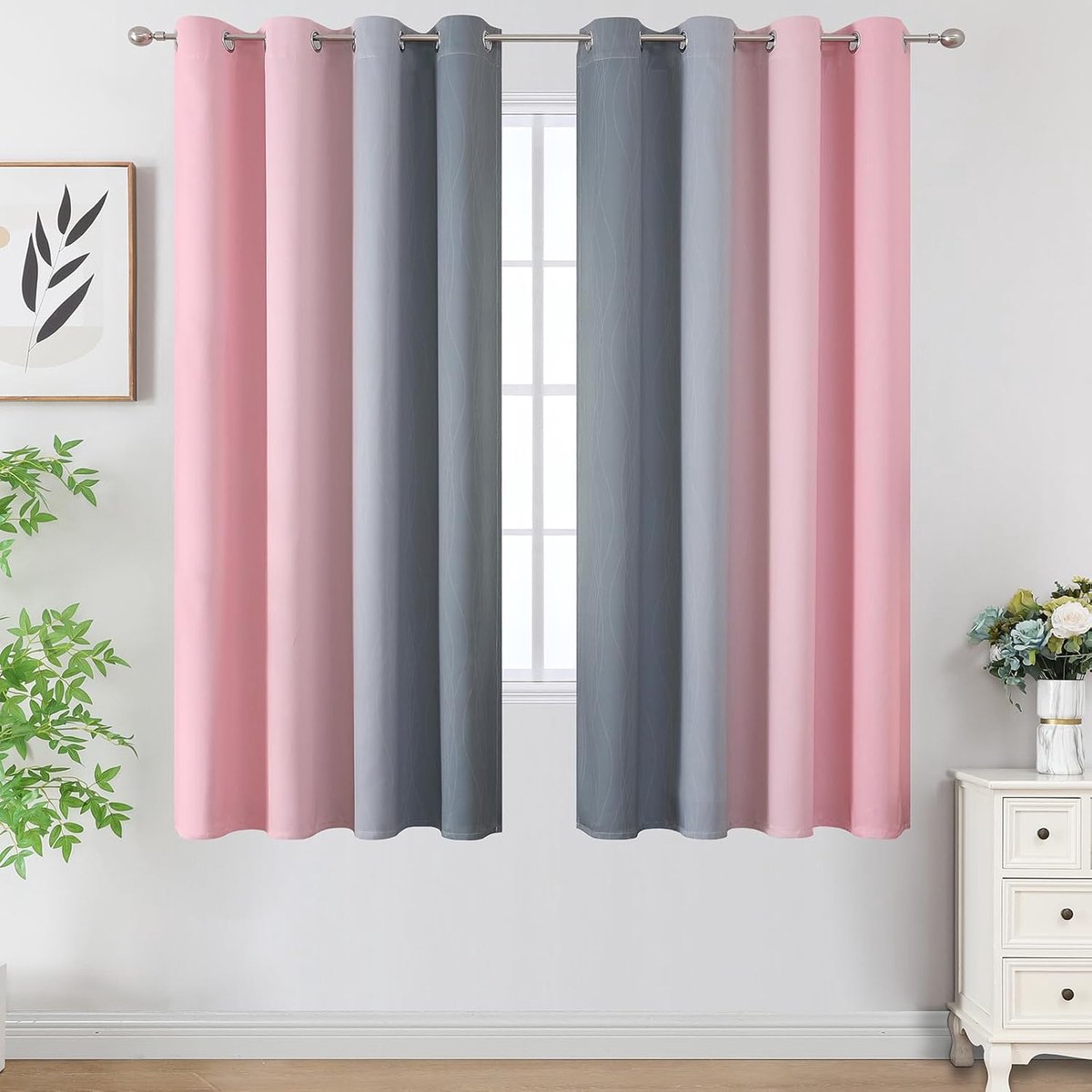 Kleurverloop ombre roze en grijs thermogordijn koudebescherming dicht, ruimteverdeler gordijnen met ringen voor woonkamer, geluidsisolatie verduisterende gordijnen, H 160 x B 132 cm, set van 2