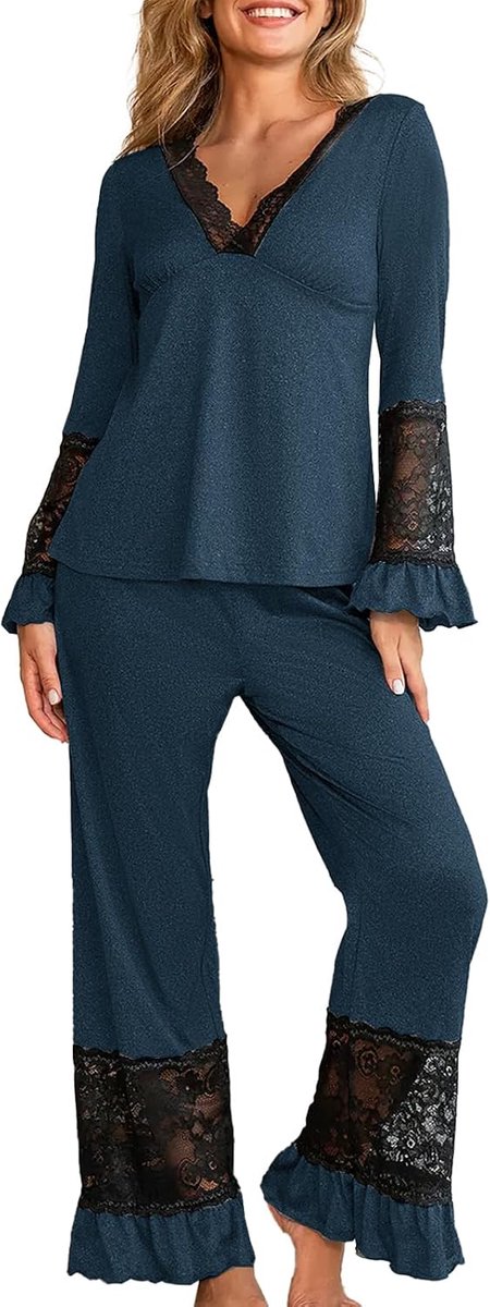 Damespyjama met lange mouwen en broek van kant, V-hals, lange mouwen met ruches, tweedelig, licht en elegant