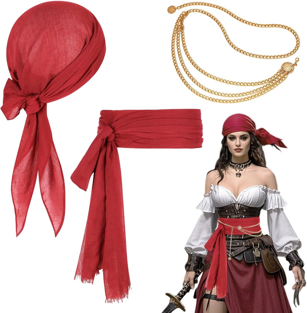 3-delige piratenkostuum, piratenkostuum, accessoireset voor piratenkostuum, piratenriem, hoofdband, riem, tailleketting, voor piratenverjaardagsfeest