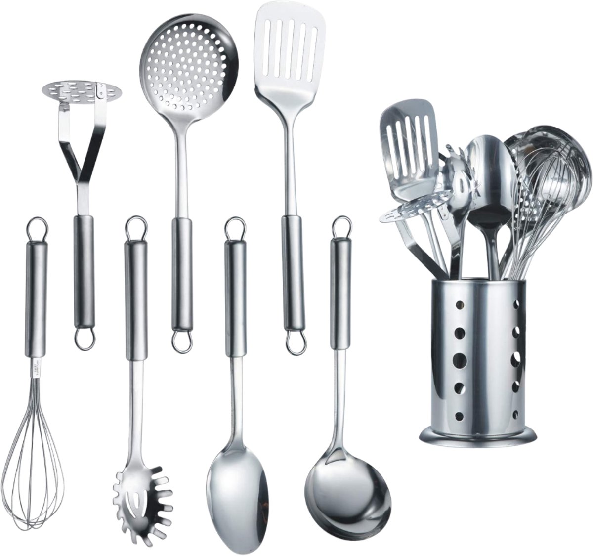 Verte - Keukengerei Set met Houder - Roestvrij Staal - 7-Delige Set Met 1 Standaard - Kooklepelset - Schep Met Gleuf - Schuimspaan - Opscheplepel - Pastaschep - Aardappelschiller