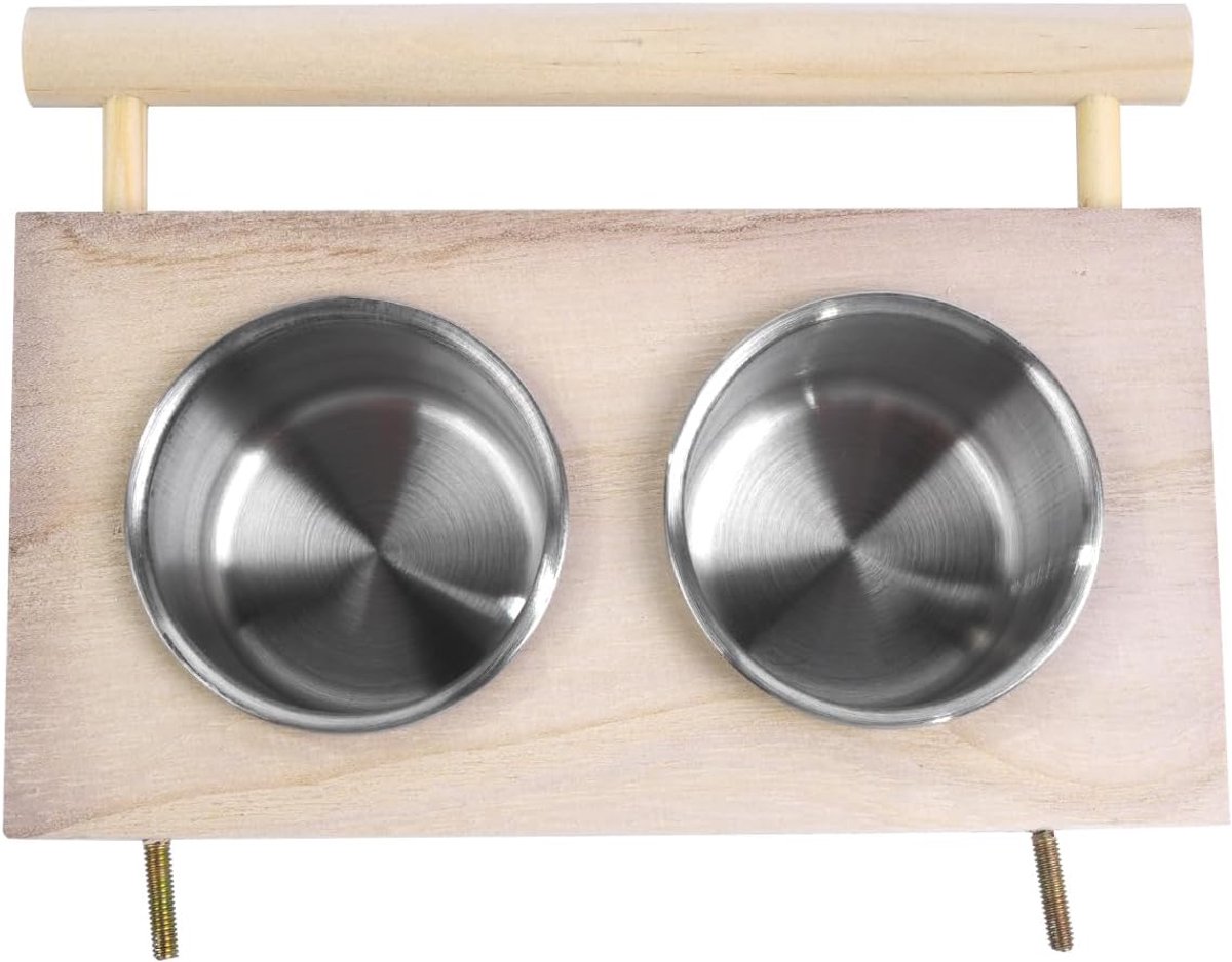Vogelvoeder Schotel Cups Roestvrij Staal Huisdier Voeden Kom met Houten Stand Houten Baars Stand Opknoping Feeder voor Parkiet Valkparkieten Budgie