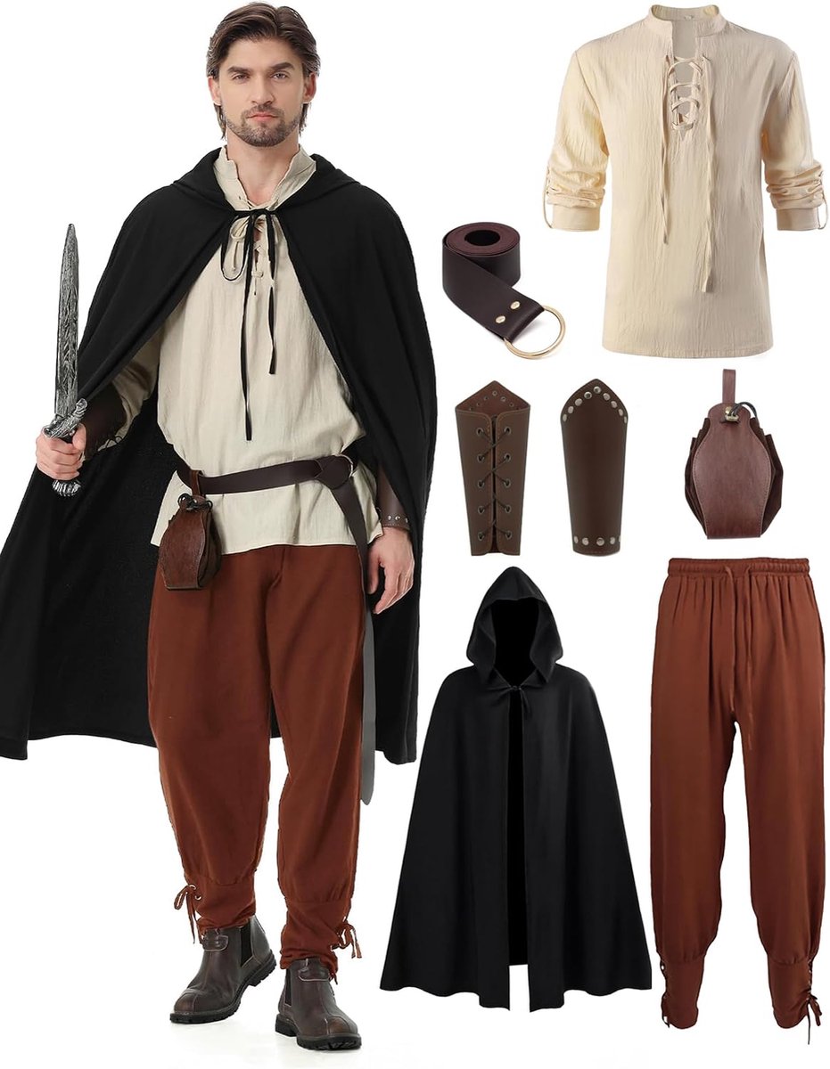 Renaissance kostuum voor heren, 7-delig, vikingkostuum, piraten, hemd met veters, broek met riem, polsbescherming en andere accessoires