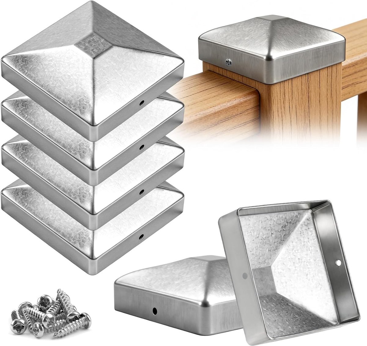 Set van 4 Roestvrije Paalkappen 101 x 101 mm voor Houten Palen - Galvanized Post Covers met Schroeven voor Tuinpilaren en Schuttingen