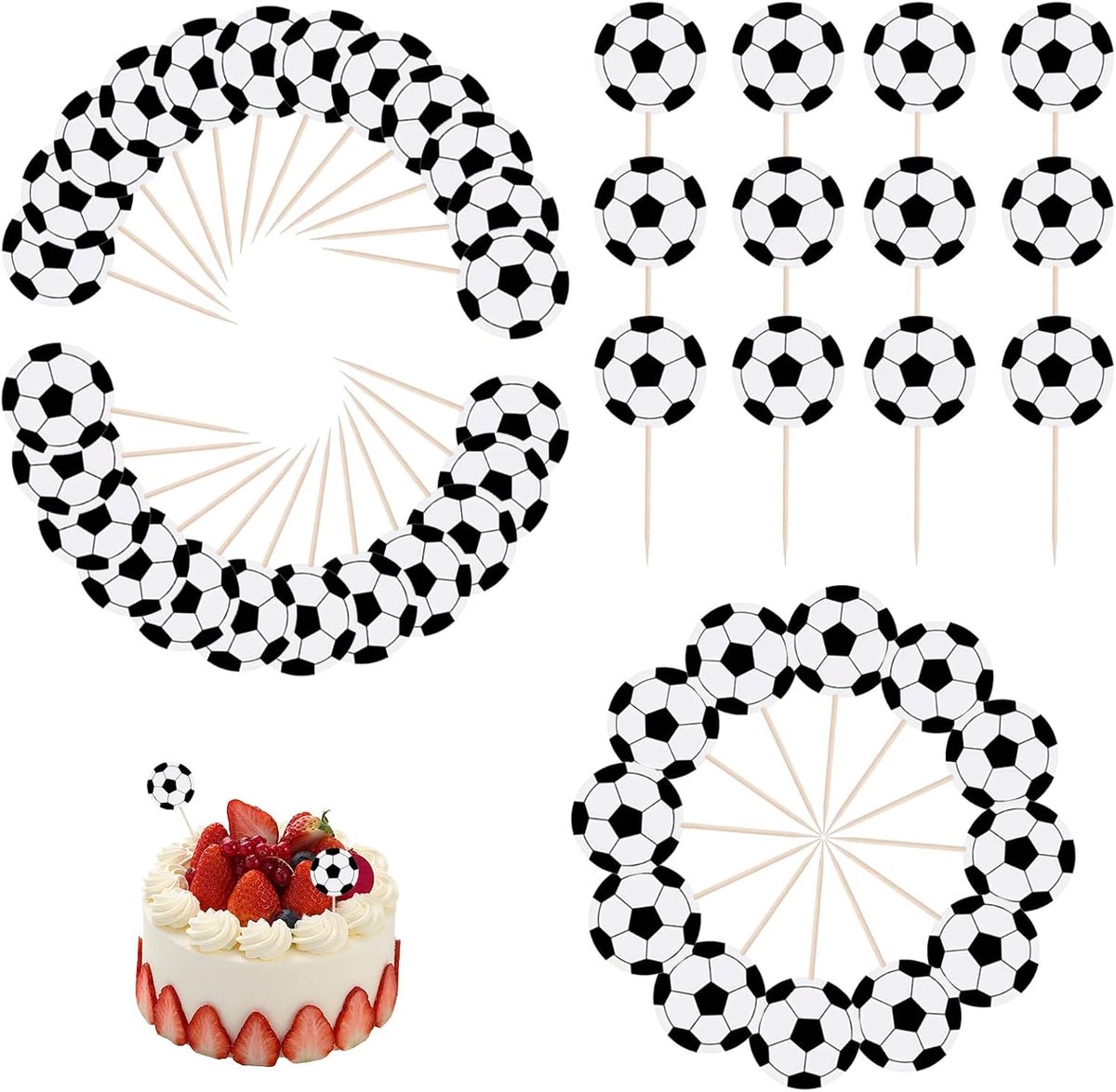 48 stuks voetbaltaartdecoratie, cupcake-decoraties met voetbalthema, decoratie voor voetbalthemafeest, decoratie voor - ShopVlot