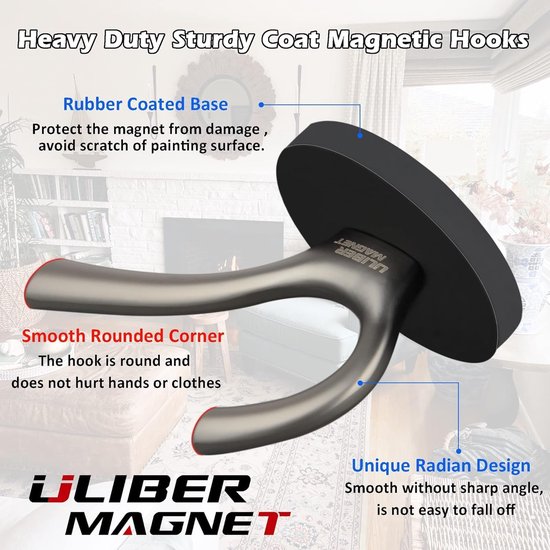 ULIBERMAGNET Strong Magnetic Double Hooks Set of 2 Robust Coat Magnetic Hooks Rubber Magnets Large Hooks for Cloak - ShopVlot — afbeelding 4
