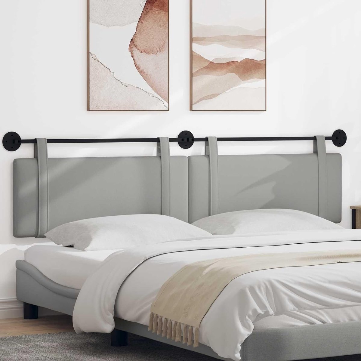 Hoofdeinde van stof, grijs, wandmontage, geschikt voor verschillende bedframes, biedt een elegante uitstraling en bespaart ruimte in de slaapkamer.