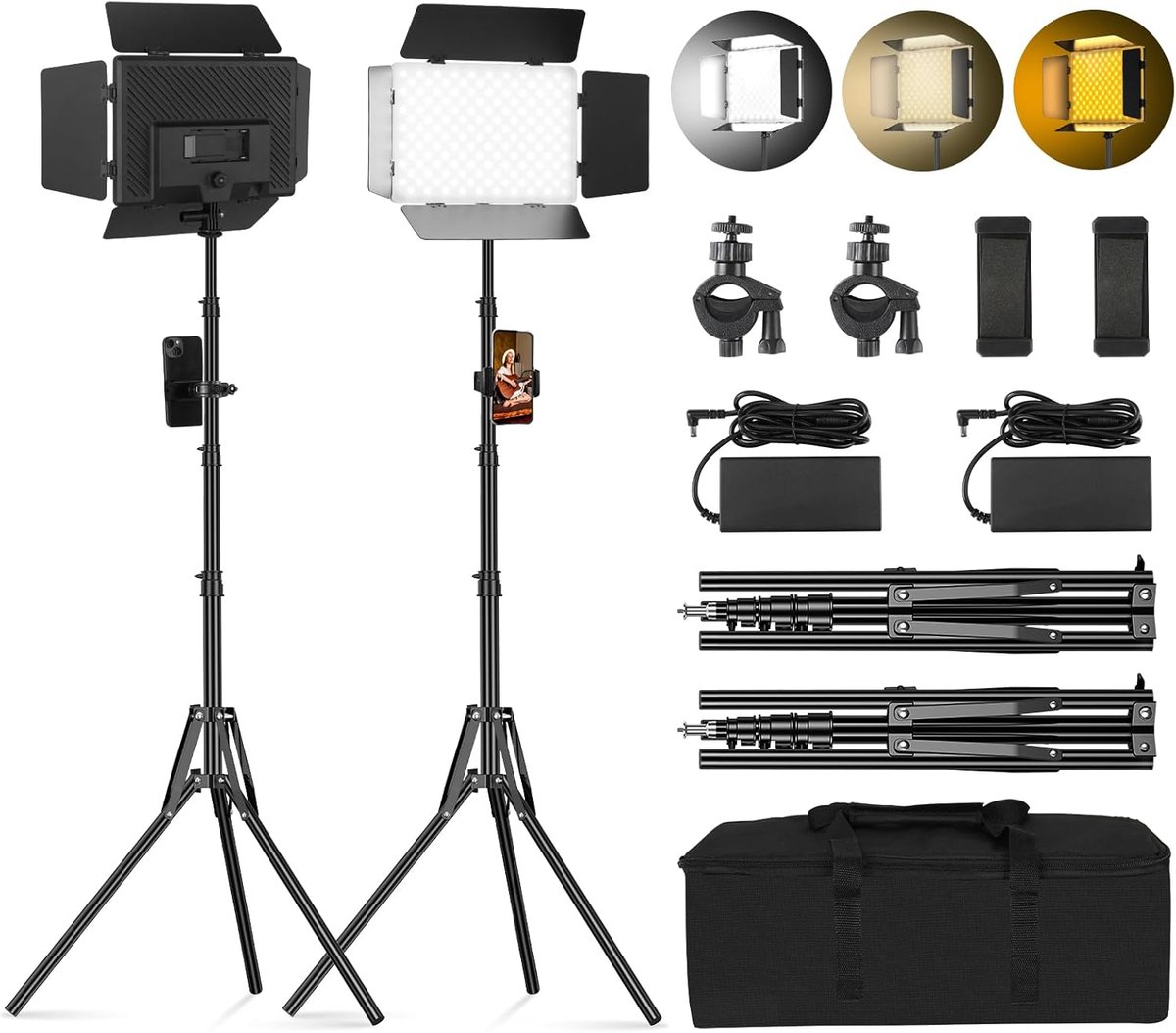 Set van 2 LED foto-videolampen paneel met barn doors 2800-6500K dimbaar 20W licht fotografie studio videoverlichting met 1,6m statief en mobiele telefoon houder voor video YouTube live