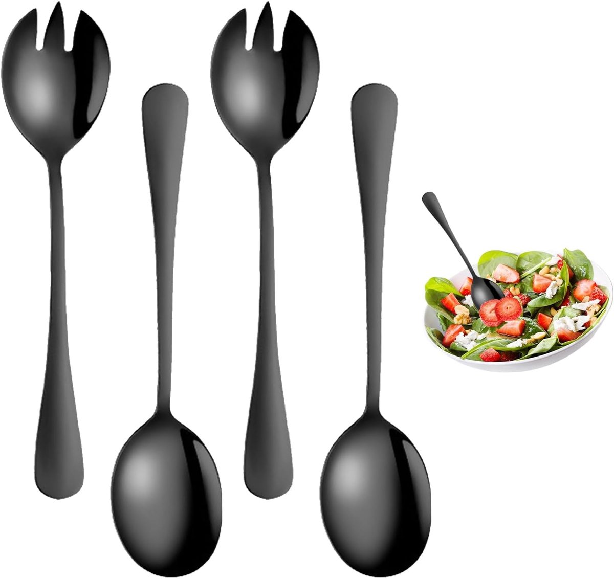 4 stuks slabestek, zwart, klassiek design, 20 cm roestvrijstalen slabestekset, vaatwasmachinebestendig, 2 slalepels en 2 slavorken, voor familie, hotels, restaurants, hotels, feesten