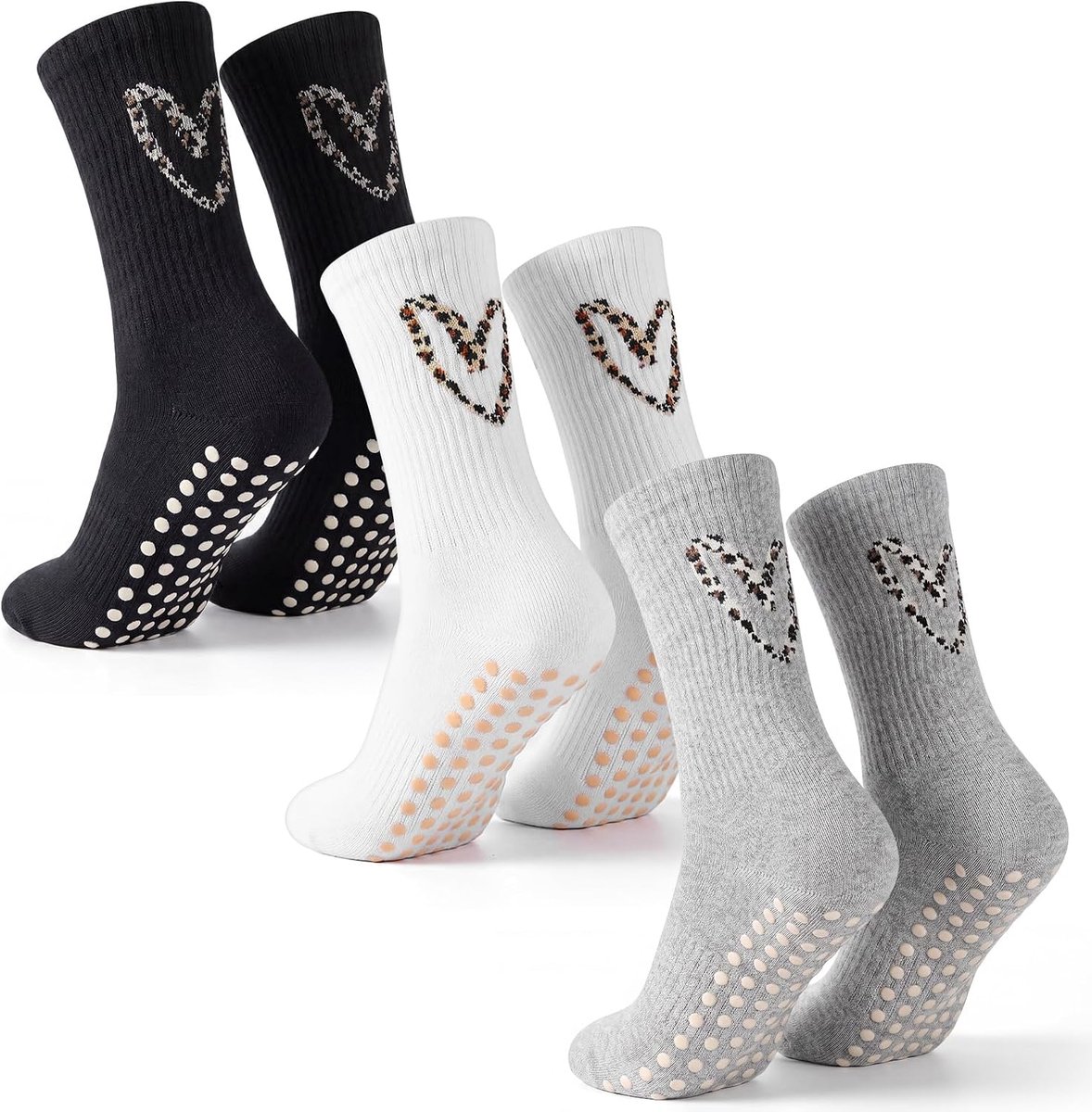 Sokken Met Luipaardprint Pilates-Yogasokken Grip Comfortabele Antislipsokken Voor Sport Fitnesscadeau Voor Dames en Heren(3 Paar,Hart)