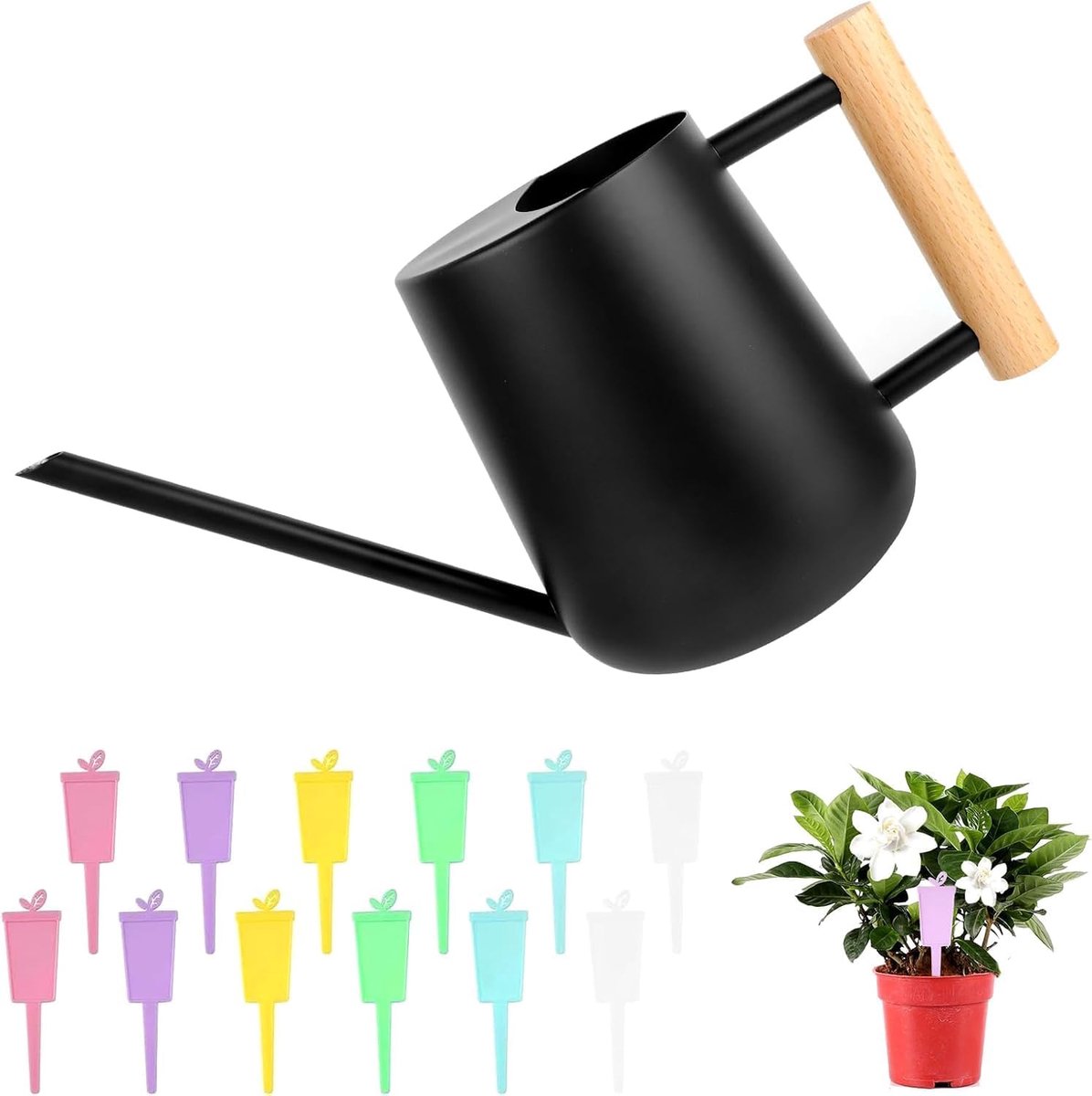 Gieter voor kamerplanten, 1 liter, roestvrij staal, zwarte gieter, kleinere potplanten, roestvrij staal, gieter met lange uitloop, kleine bloemen, gieter, potplanten voor woning, kantoor, vetplanten