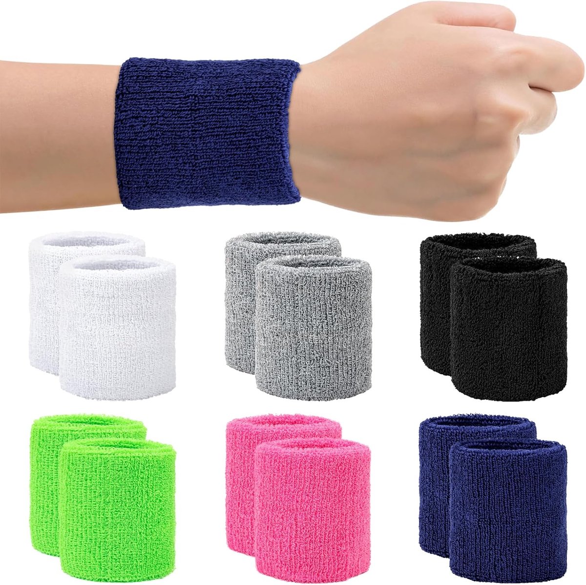 12 stuks zweetbanden, kleurrijke zweetbanden, polsbandjes, absorberende polsbanden, katoenen polsbanden voor heren en dames, voor tennis, basketbal, voetbal, hardlopen, gymnastiek