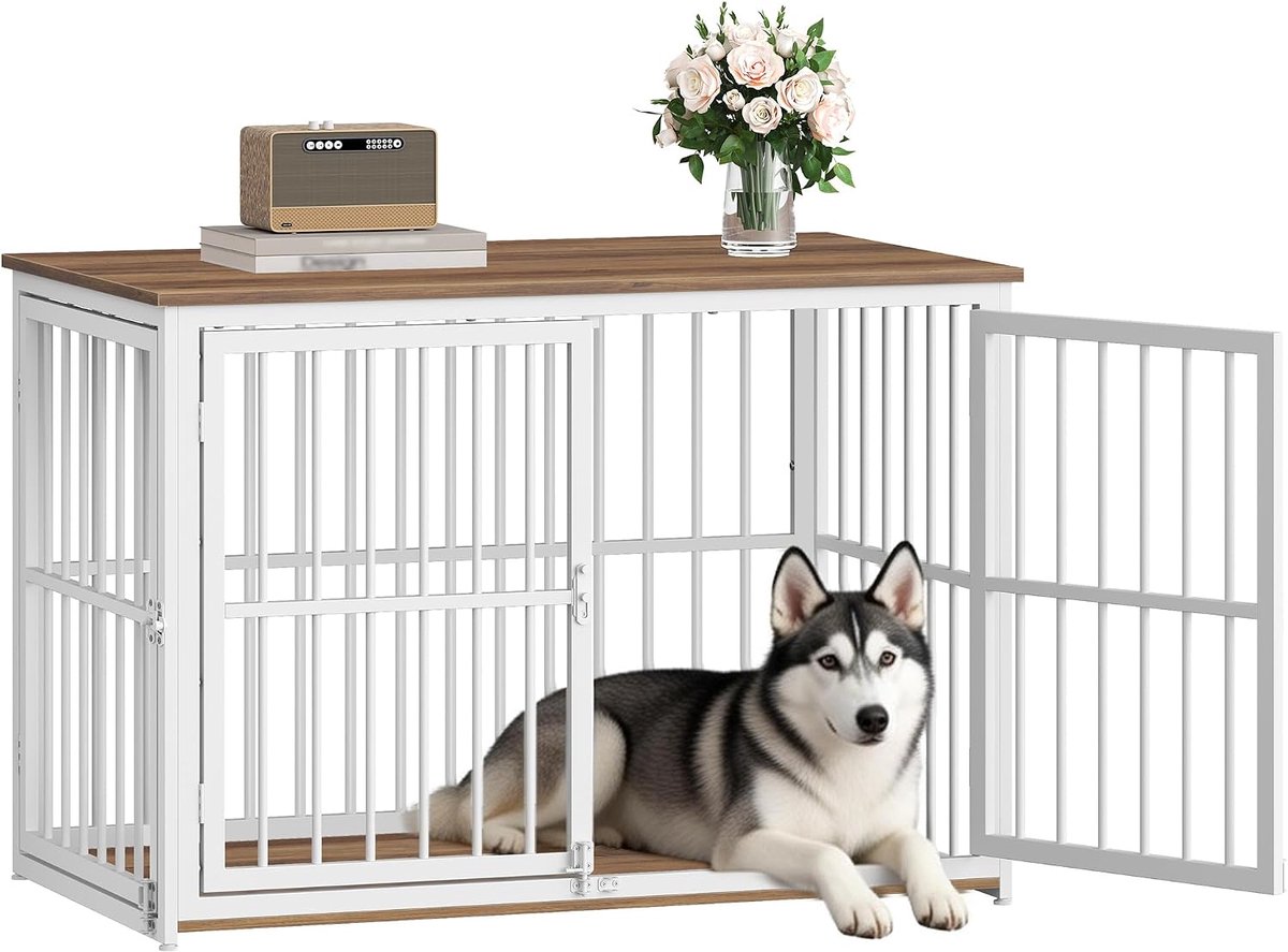 Hondenbench Meubel, 100 x 60 x 70 cm, Bruin en Wit | 3 Deuren en Verstelbare Zijdeur, Hondenbench Voor Binnen