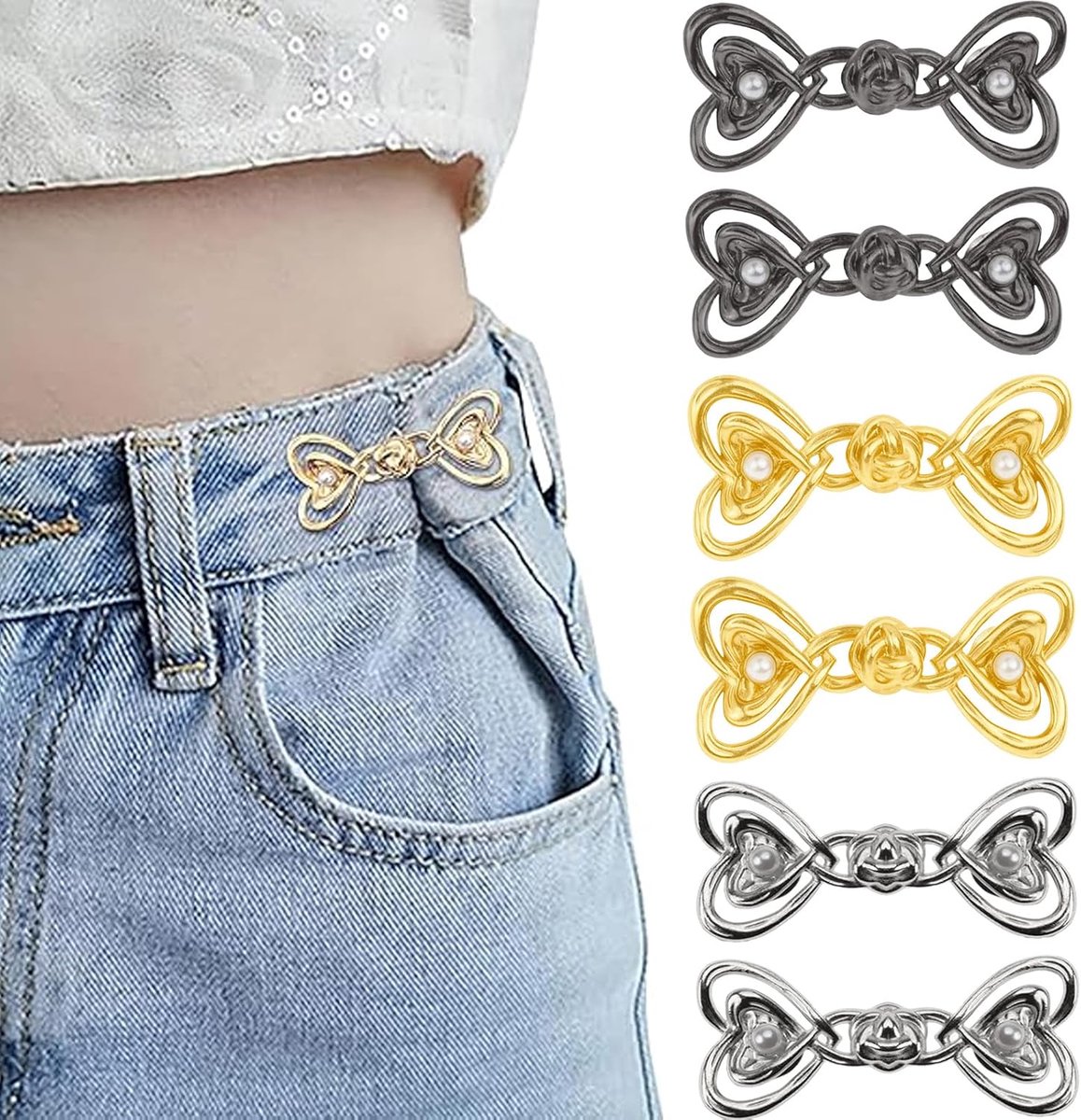 6 Set Broek Taille Tightener en Verstelbare Broekverkleining. Afneembare Broek Clips Zonder Naai, in Goud, Zilver en Gunmetaal