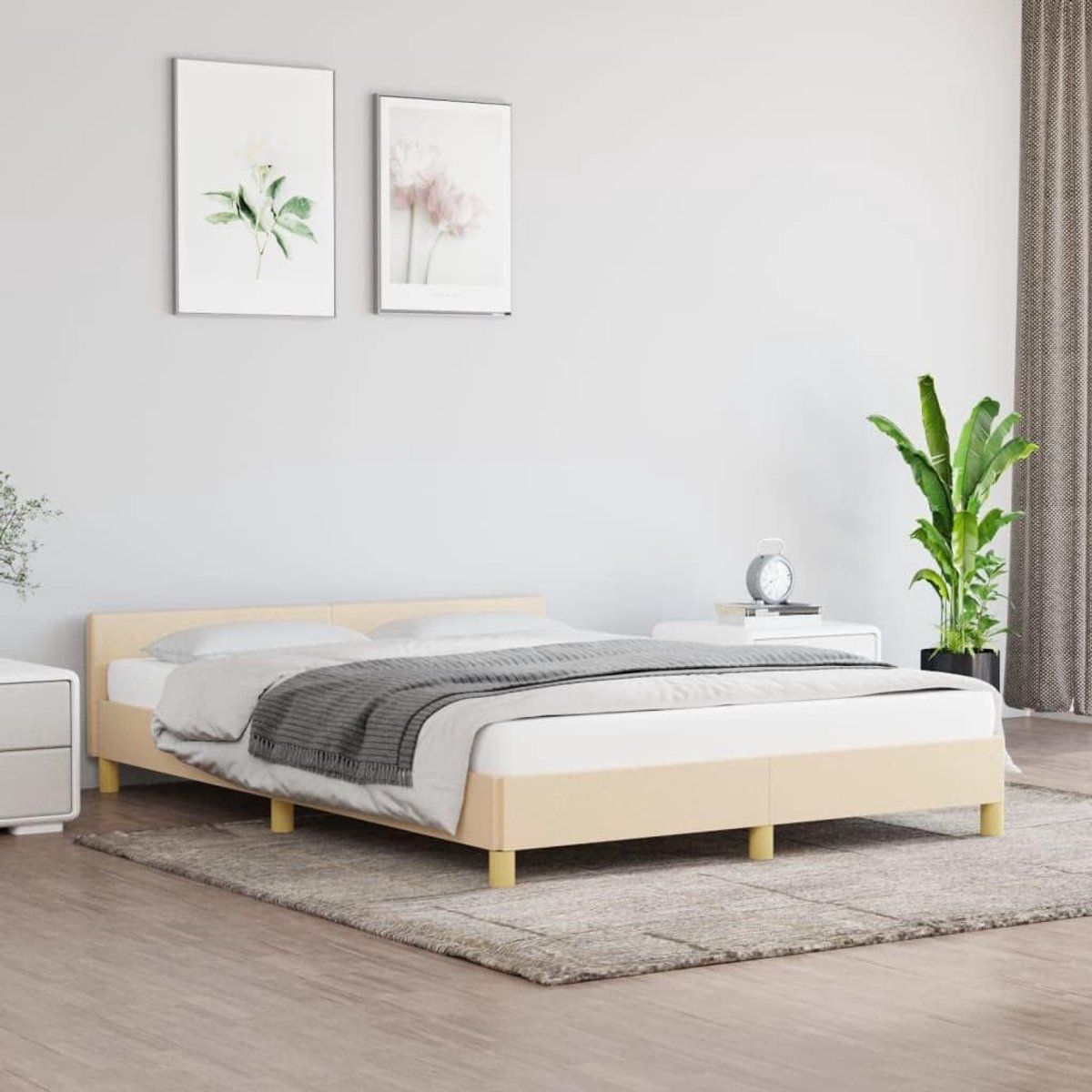 Bedframe en lattenbodem, kastbed, bekleding, hoofdeinde, bedframe met hoofdeinde, crème, 140x190 cm, stof