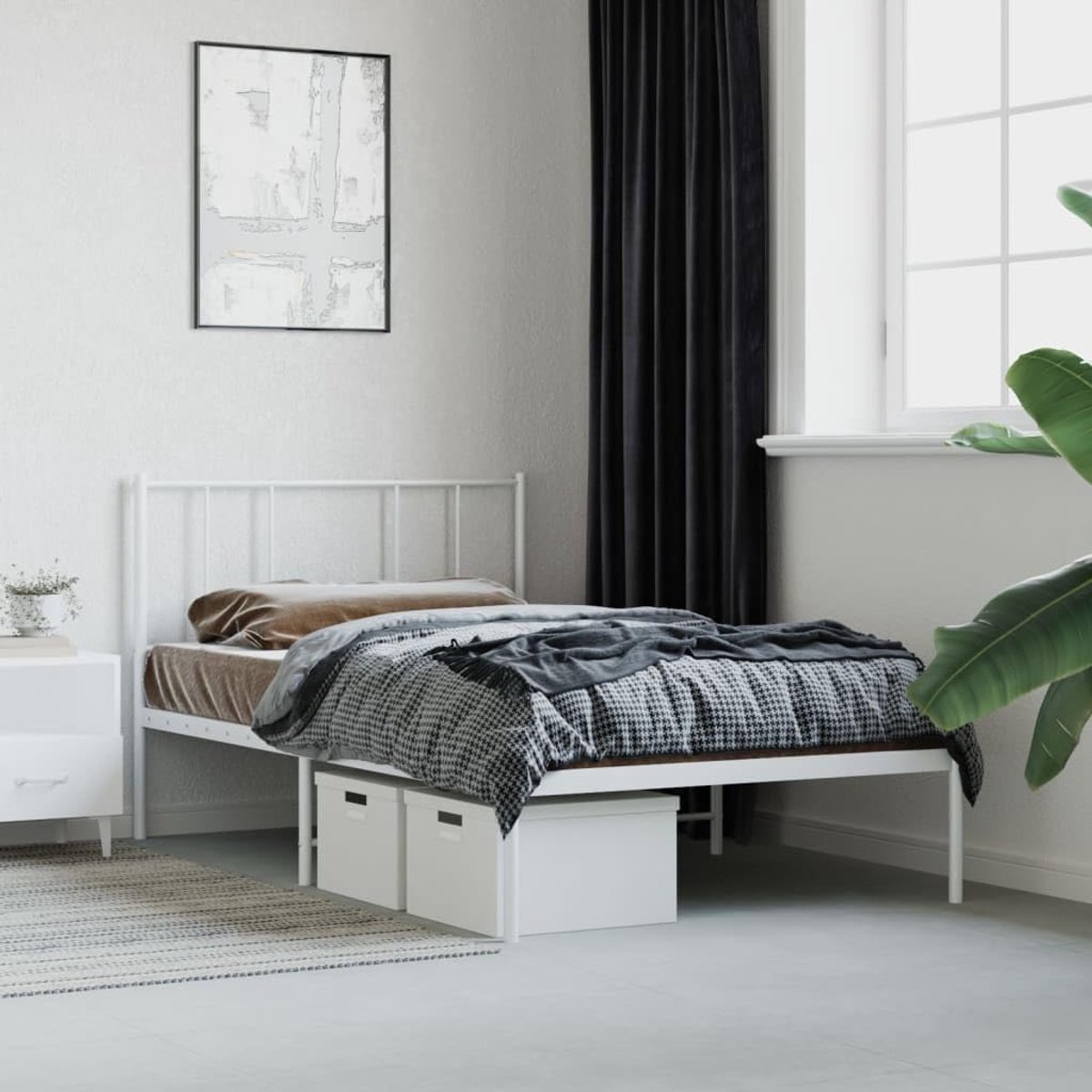 Bedframe met hoofdeinde, metaal, wit, 90 x 200 cm, bedframe voor woonkamer, hotel, slaapkamer