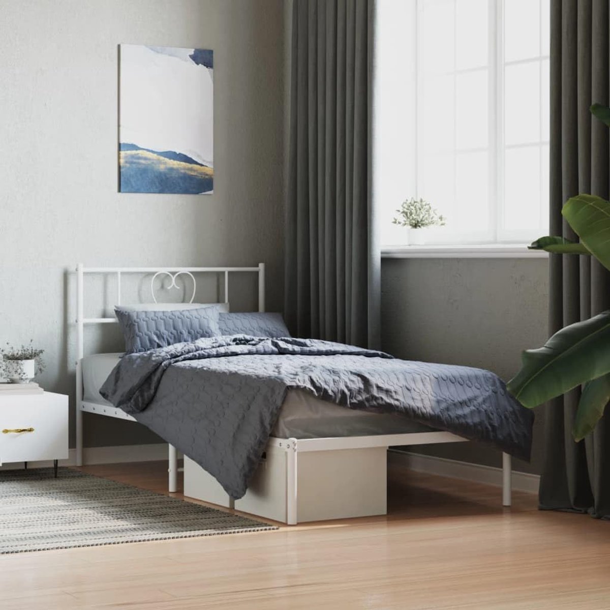 Bedframe met hoofdeinde, metaal, wit, 107 x 203 cm, hotelbedframe, slaapkamer, bedframe voor woonkamer, slaapkamer