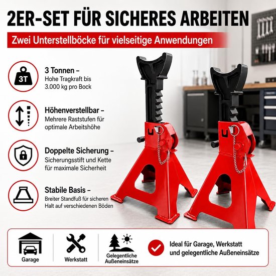 Steunbokken, 3T, met zekering, krik, standaard, modelkeuze, krik, werkplaatsstandaard, professionele bandenwissel, stelbok, autohefbok, rubber, auto, camper, rood — afbeelding 4