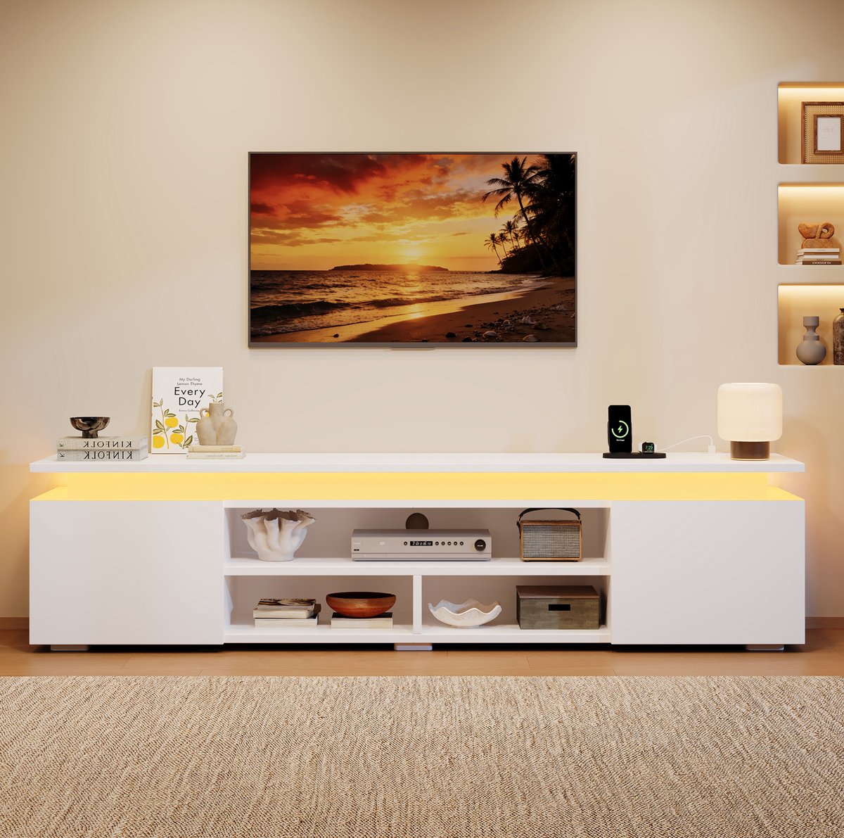 OKWISH TV Meubel - RGB Ledverlichting Met App Spraak En Timerbediening - Twee Gesloten Kasten En Drie Open Vakken - MDF Wit - 180 x 35 x 42 cm