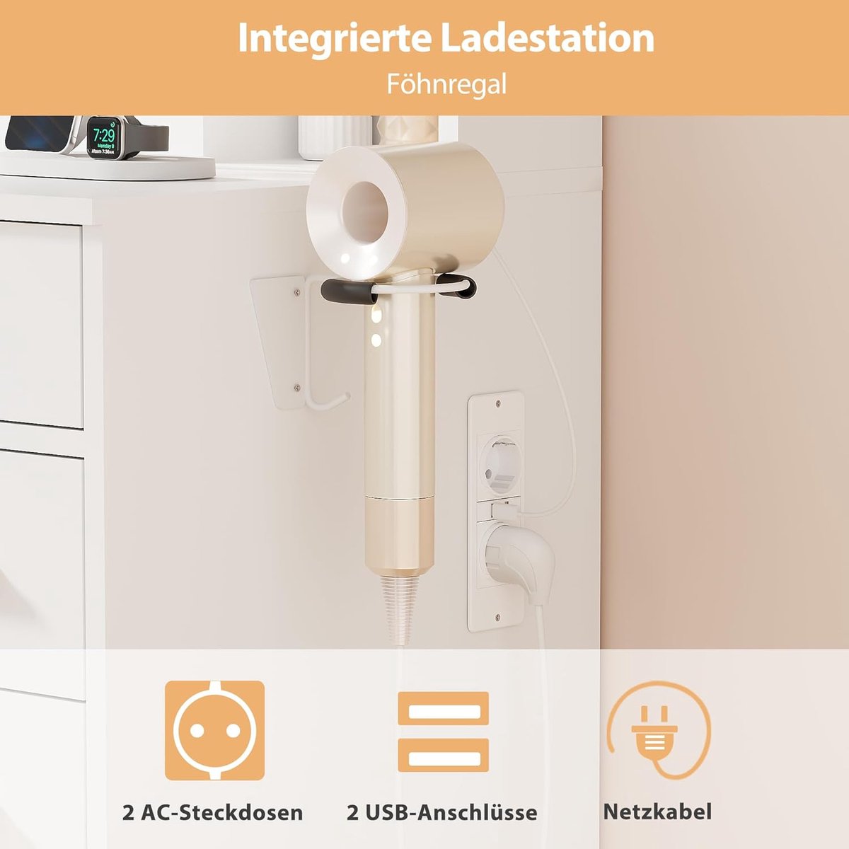 Kaptafel met LED-spiegel en krukje, 140 x 110 x 40 cm - Industrohome