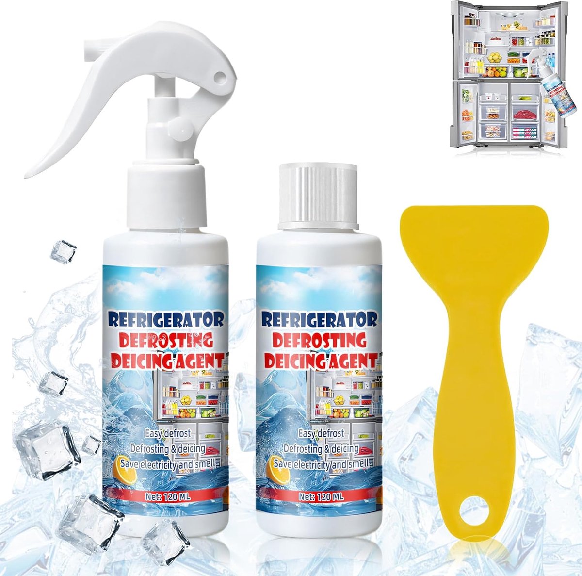 Ontdooispray Voor De Vriezer, 120 Ml*2, Met Schraper En Doekje, Veelzijdig in Gebruik, Eenvoudig En Zorgeloos Onderhoud