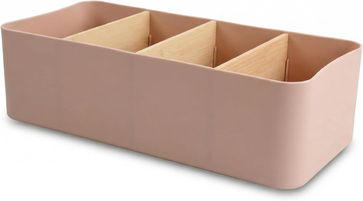 Bureau-organizer van Bamboe met 4 Vakken, Bureau-opbergbox met Pennenhouder, Opbergbox voor TV-afstandsbedieningen voor Smartphones, Cosmetica, Potloden, Kleine Objecten (Roze)