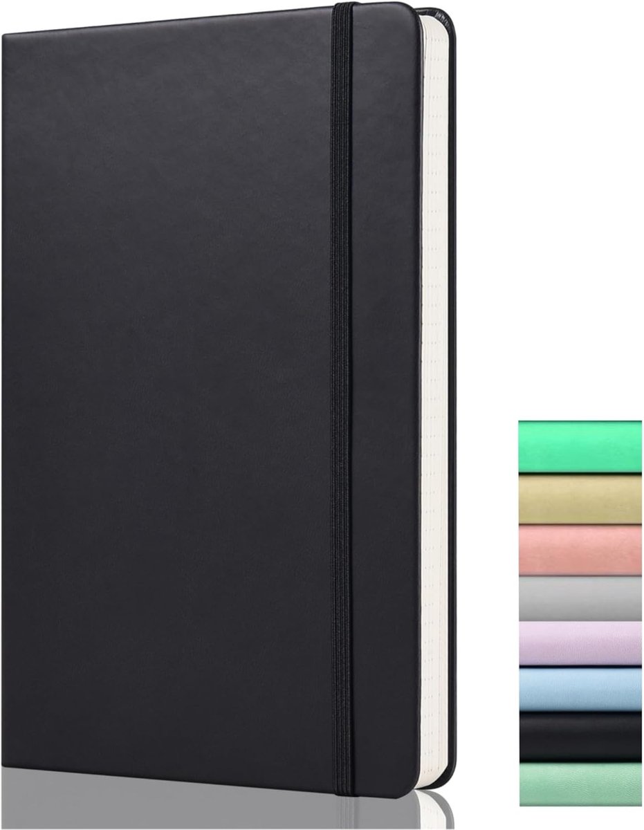 Gestippeld Notitieboekje - A5 Gestippeld Notitieboekje, Premium Hardcover Gestippeld Dagboek met 120GSM Dik Papier, 172 Pagina's, Achterzak, Elastisch, 2 Mark Linten, Zwart