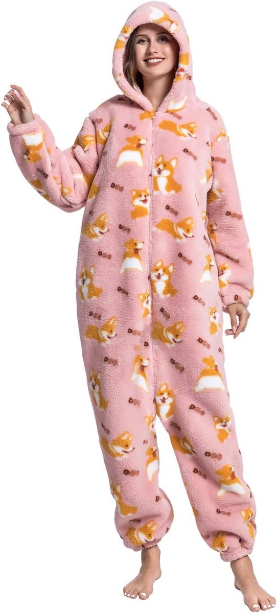 Pyjama voor volwassenen, uniseks, onesie, nachtkleding met kap, jumpsuit, loungewear, warm en zacht, voor feestjes en avonden