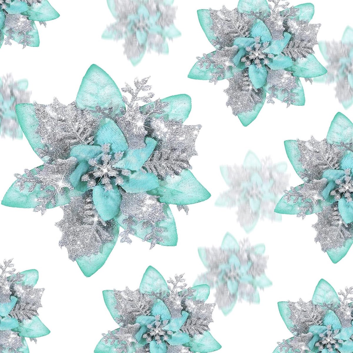 36 stuks kerst glitter kunstmatige kerstster bloemen kerst kerstster kunstmatige bruiloft bloemen decoraties kerstboom ornamenten met clips voor feest, 15,5 cm, 10,5 cm, 7,5 cm (zilver en groen)