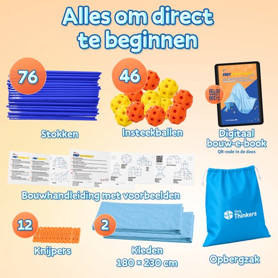 Een overzicht van het fort bouwpakket: 76 blauwe stangen, 46 gele/oranje connectoren, een e-book, bouwinstructies, 12 knijpers, 2 dekens en een opbergzak.