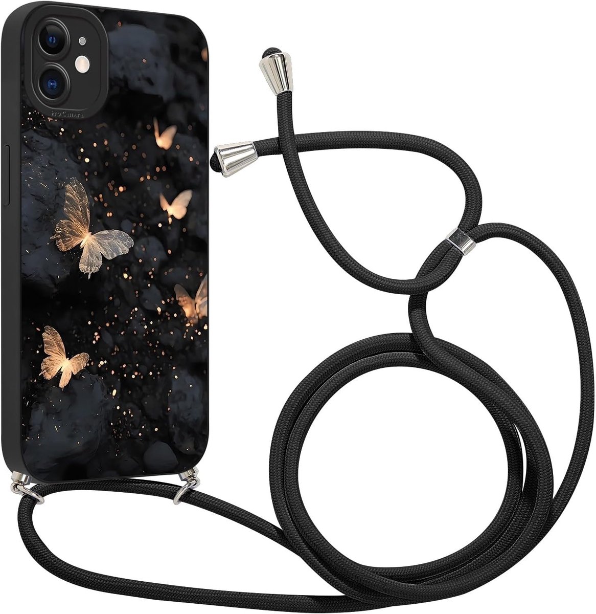 Hoes met koord voor iPhone 17 Pro Max 6,9 inch (17,5 cm), zwart vlinderpatroon, zachte TPU bumper siliconen stootvaste beschermhoes, case, verstelbaar, ronde hals, 05