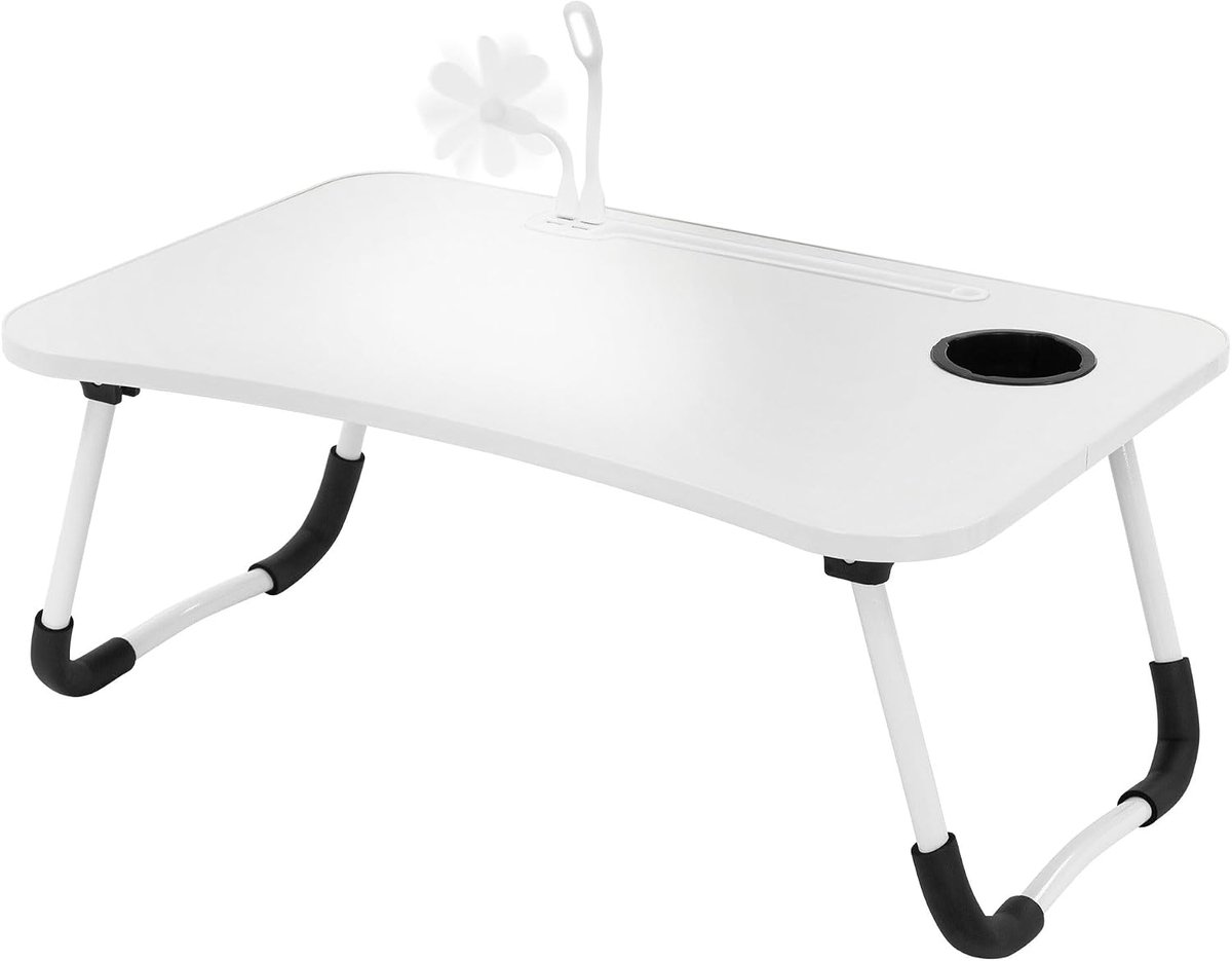 Laptoptafel voor Bed/Sofa, Wit, 60x40 cm, Opvouwbare Bedtafel, Notebooktafel met 4 USB-laadpoorten, Lade, USB-lamp, Ventilator, Tablethouder, Drankhouder, Laptopstandaard Lapdesks
