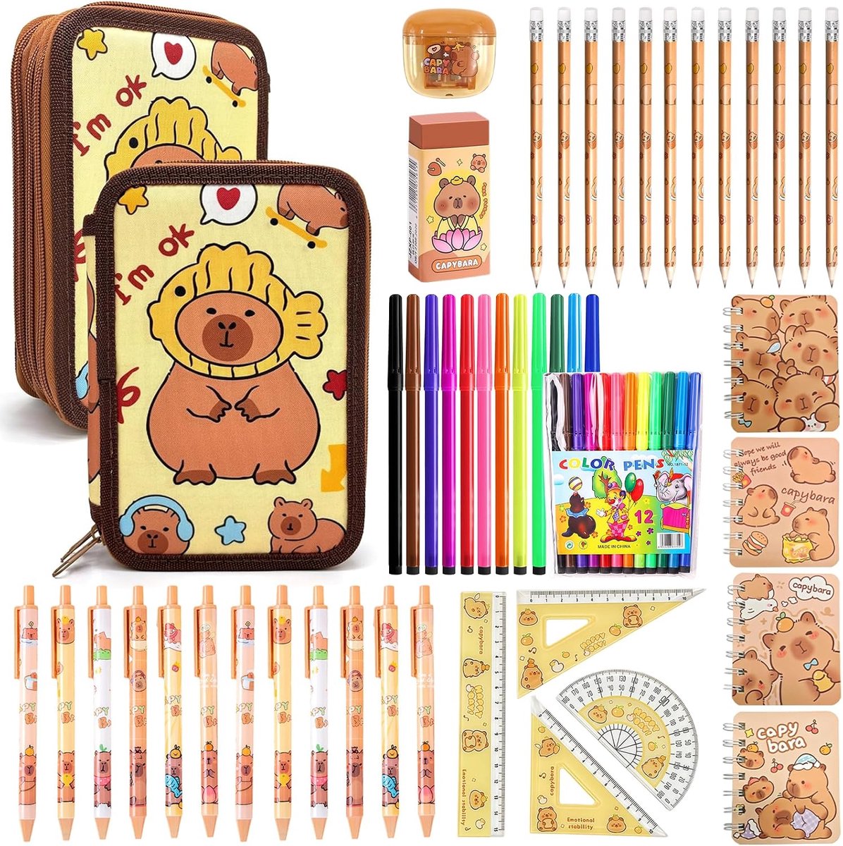 Pennen, 47 stuks, Capybara pennen, etui, etui, schrijfwaren, pennenetui, cadeau met pennen, paperclips, linialen, meer voor kantoor, school, scholieren en kinderen