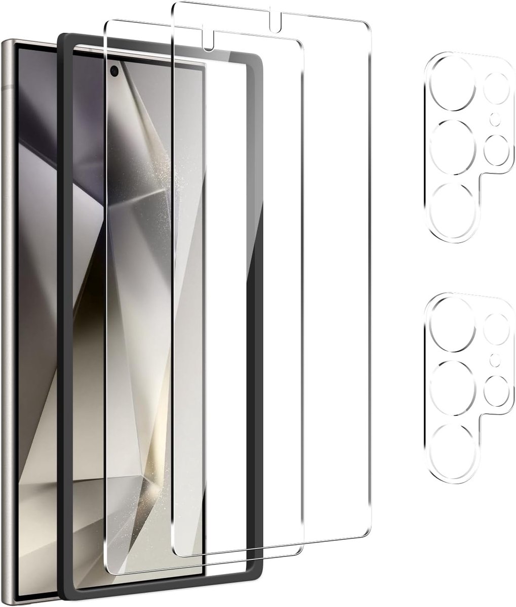 2 + 2 + 1: gehard glas voor Samsung Galaxy S24 Ultra + lensbescherming voor de camera aan de achterkant – eenvoudig installatiegereedschap, displaybescherming, displaybeschermfolie, 9H, HD, compatibel
