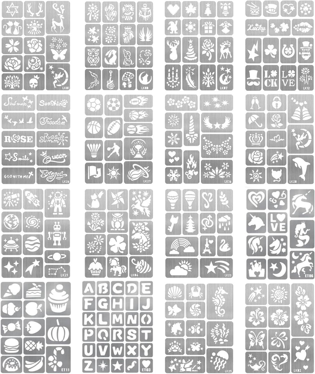 Tijdelijke tatoeages, herbruikbare henna-stickers voor gezichts- en lichaamskunst, glittertatoeagesjablonen voor verjaardagsfeestjes, Halloween en Kerstmis