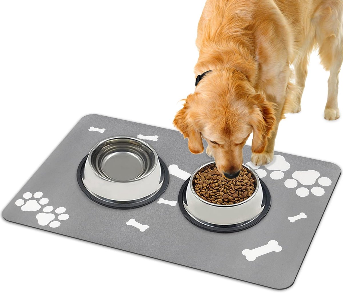 Voedingsmat voor honden, voedermat voor honden, sneldrogend, super absorberend, wasbaar, antislip, voor honden, katten, 40 x 60 cm (botpootmotief, lichtgrijs)