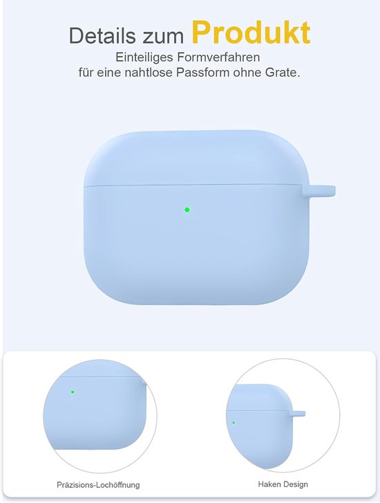 Hoesje voor Apple AirPods Pro 3 draadloze hoofdtelefoon, daunke zachte siliconen beschermhoes, huidvriendelijke hoes met karabijnhaak, volledige bescherming, helderblauw — afbeelding 2