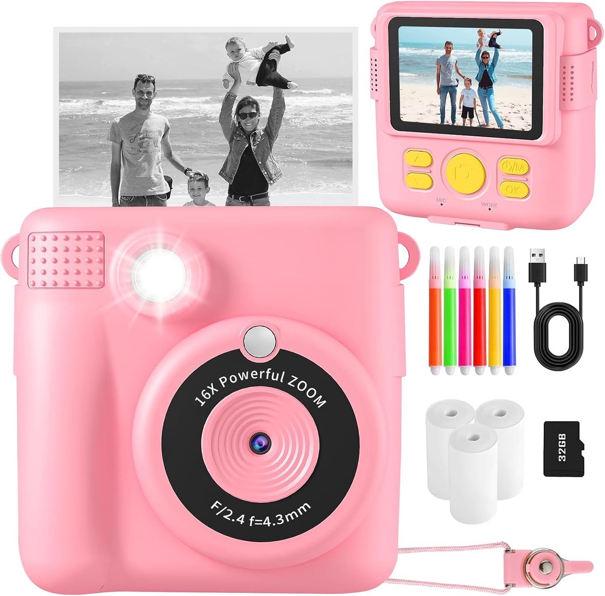 Instant camera voor kinderen, 1080p 2,4 inch scherm, digitale camera voor kinderen met 16 x digitale zoom, 32 GB TF-kaart, printpapier, kindercamera, cadeau voor meisjes en jongens van 3
