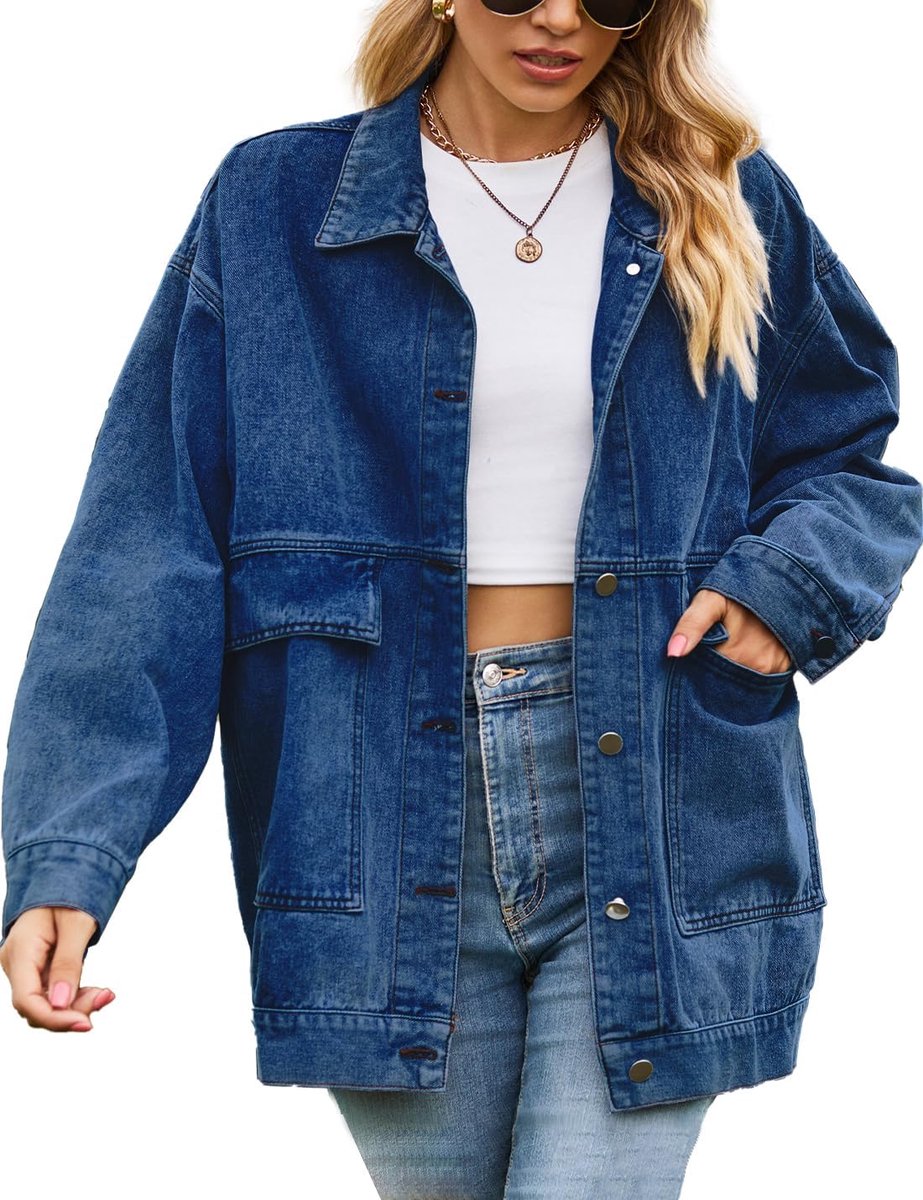 Vintage denim jas voor dames, oversized, knoop, losse revers, lange mouwen, middellang, shacket, jeansjas, bovenkleding