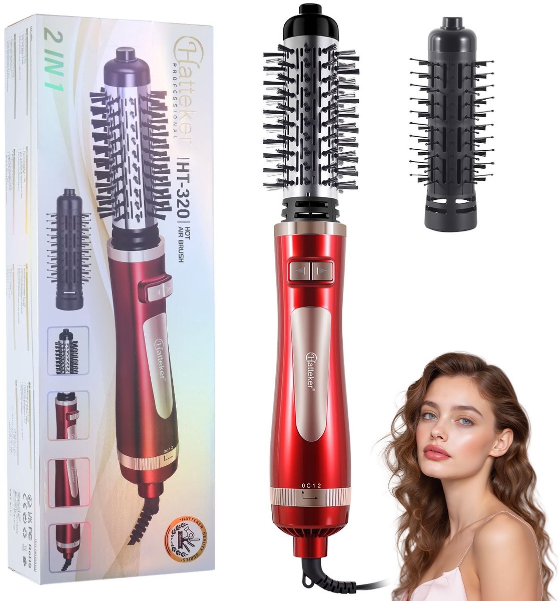 HATTEKER Thermal Brush 2-in-1 - Warmluchtborstel - Roterende Föhnborstel - Voor Krullen en Glad Haar - Rood